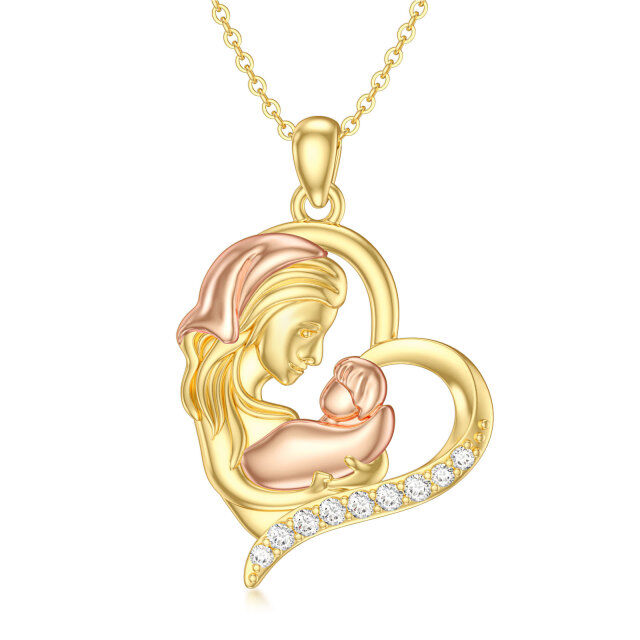 Collier en or 14K et or rose avec pendentif mère, fille et coeur en zirconium cubique rond