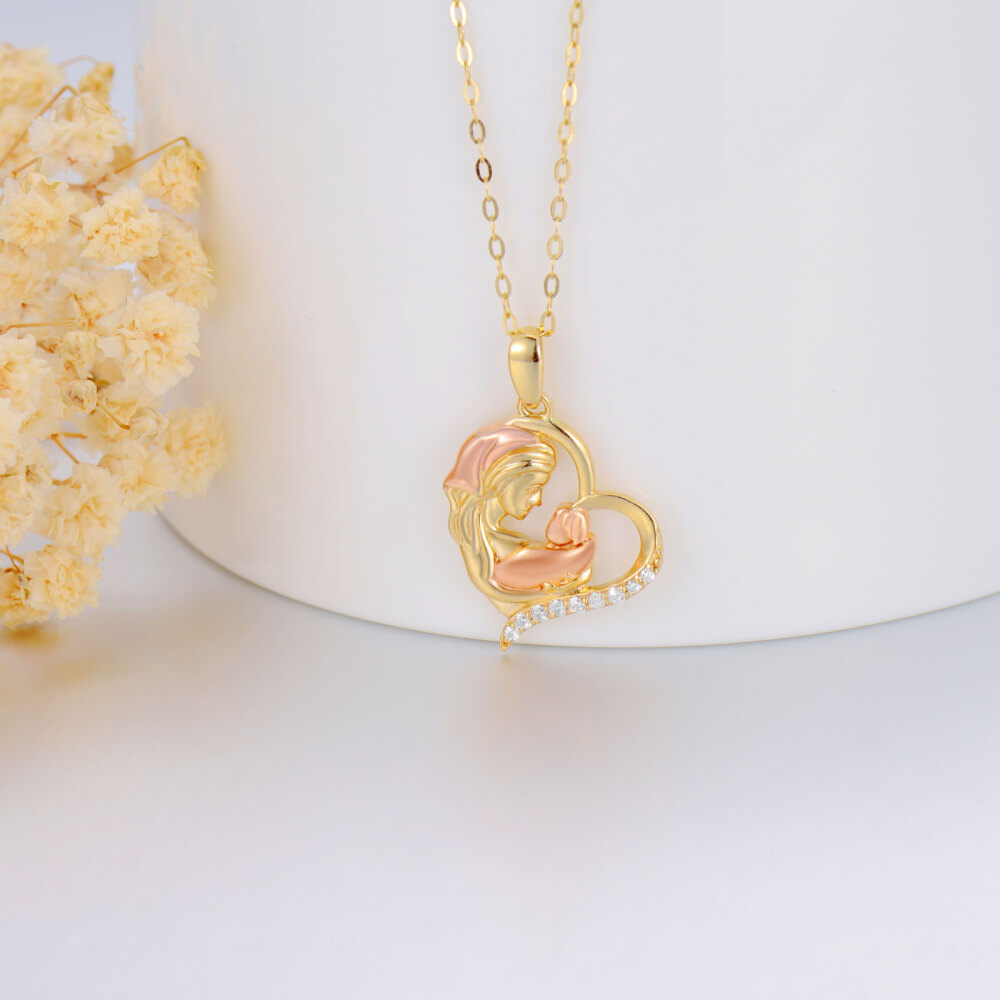 10K Gold & Rose Gold Round Cubic Zirconia Heart Pendant Necklace For Mother Daughter-3