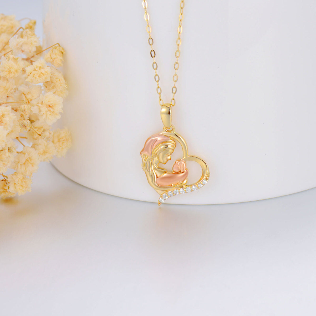 14K Gold & Rose Gold Round Cubic Zirconia Heart Pendant Necklace For Mother Daughter-3