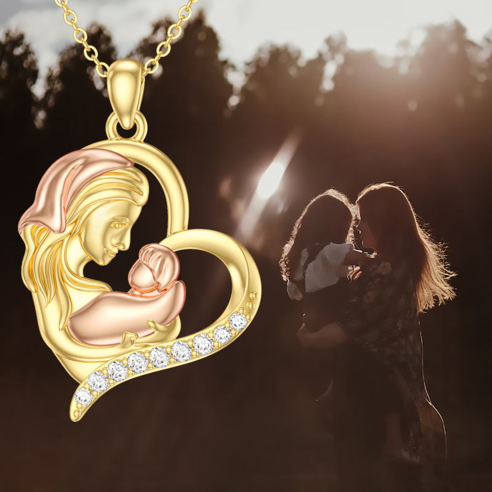 10K Gold & Rose Gold Round Cubic Zirconia Heart Pendant Necklace For Mother Daughter-6