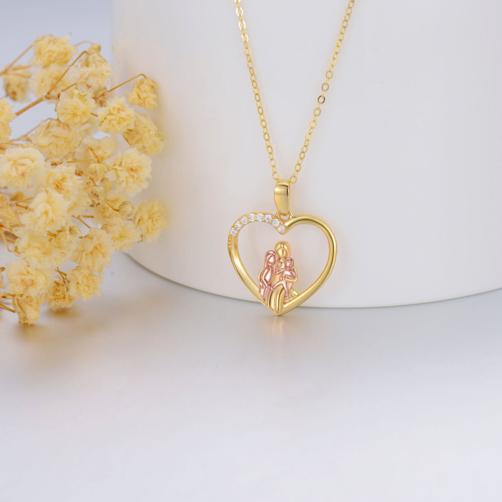 10K Gold With Rose Gold Cubic Zirconia Parents Children Heart Pendant Necklace For Mother-3