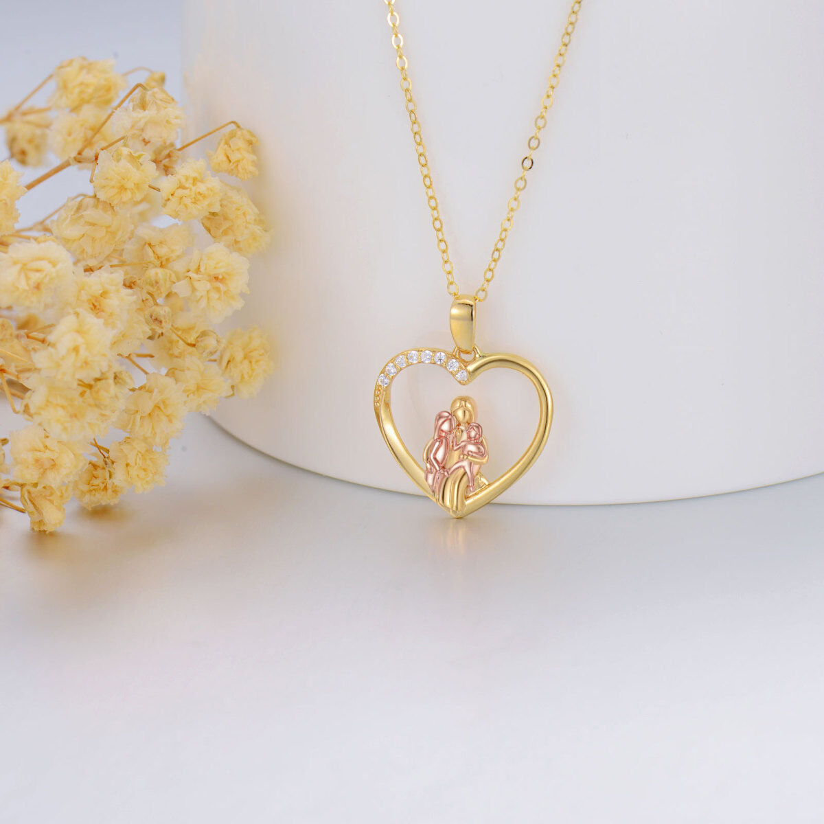 14K Gold With Rose Gold Cubic Zirconia Parents Children Heart Pendant Necklace For Mother-3