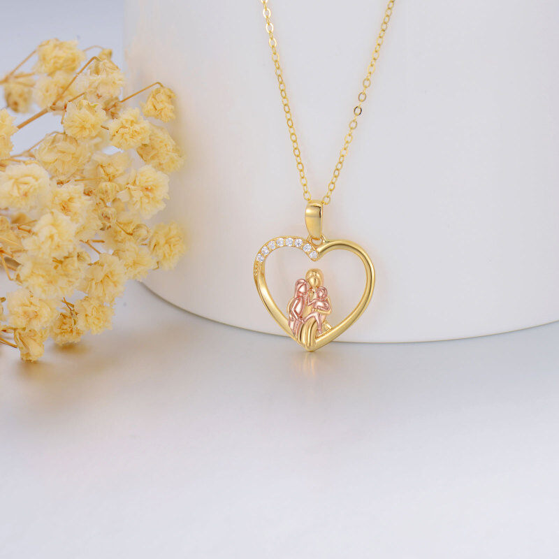 10K Gold With Rose Gold Cubic Zirconia Parents Children Heart Pendant Necklace For Mother-3