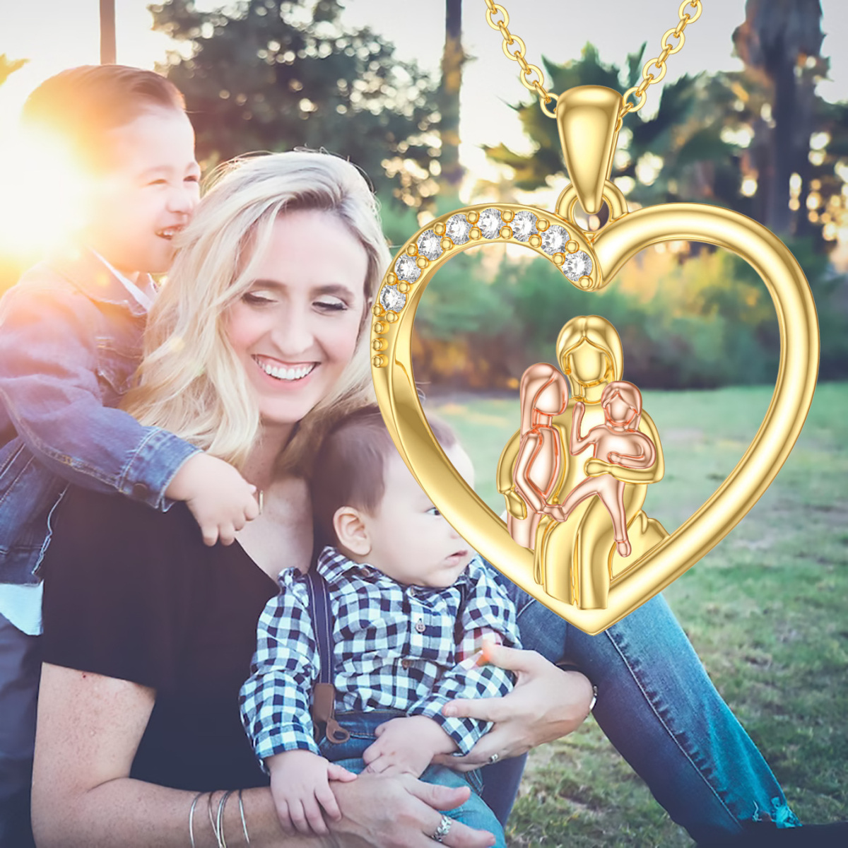 14K Gold With Rose Gold Cubic Zirconia Parents Children Heart Pendant Necklace For Mother-5