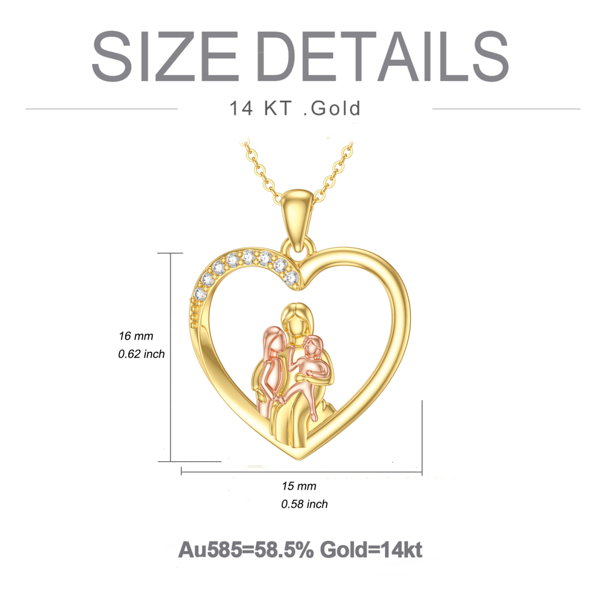 14K Gold With Rose Gold Cubic Zirconia Parents Children Heart Pendant Necklace For Mother-6