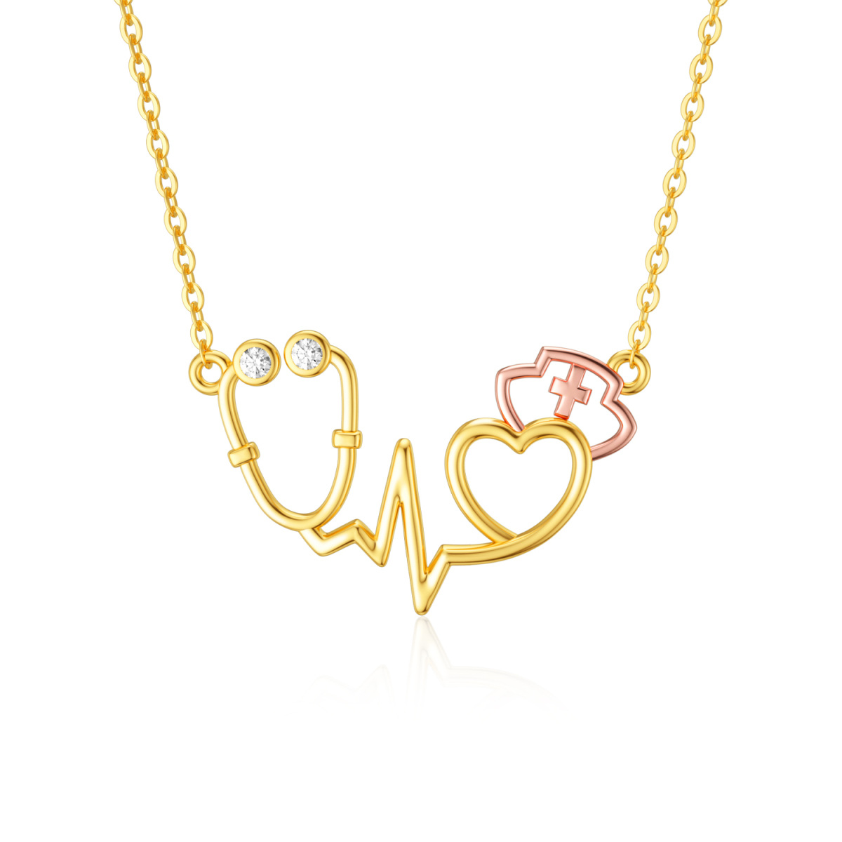 Collana con ciondolo stetoscopio in oro 14 carati bicolore con zirconi cubici per donna-1