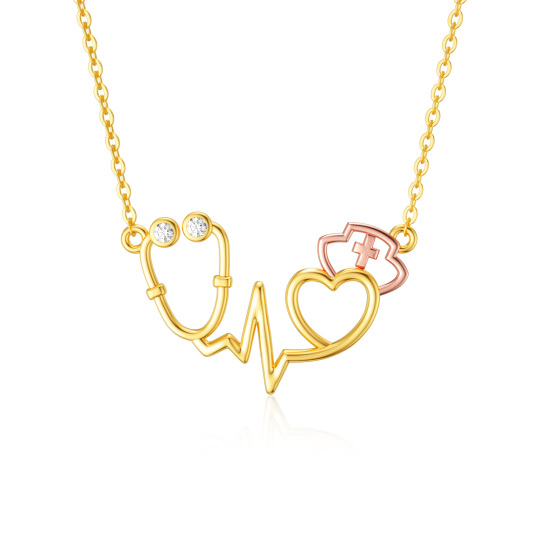 Colar com pingente de estetoscópio em ouro 14K e ouro rosa com zircónias cúbicas