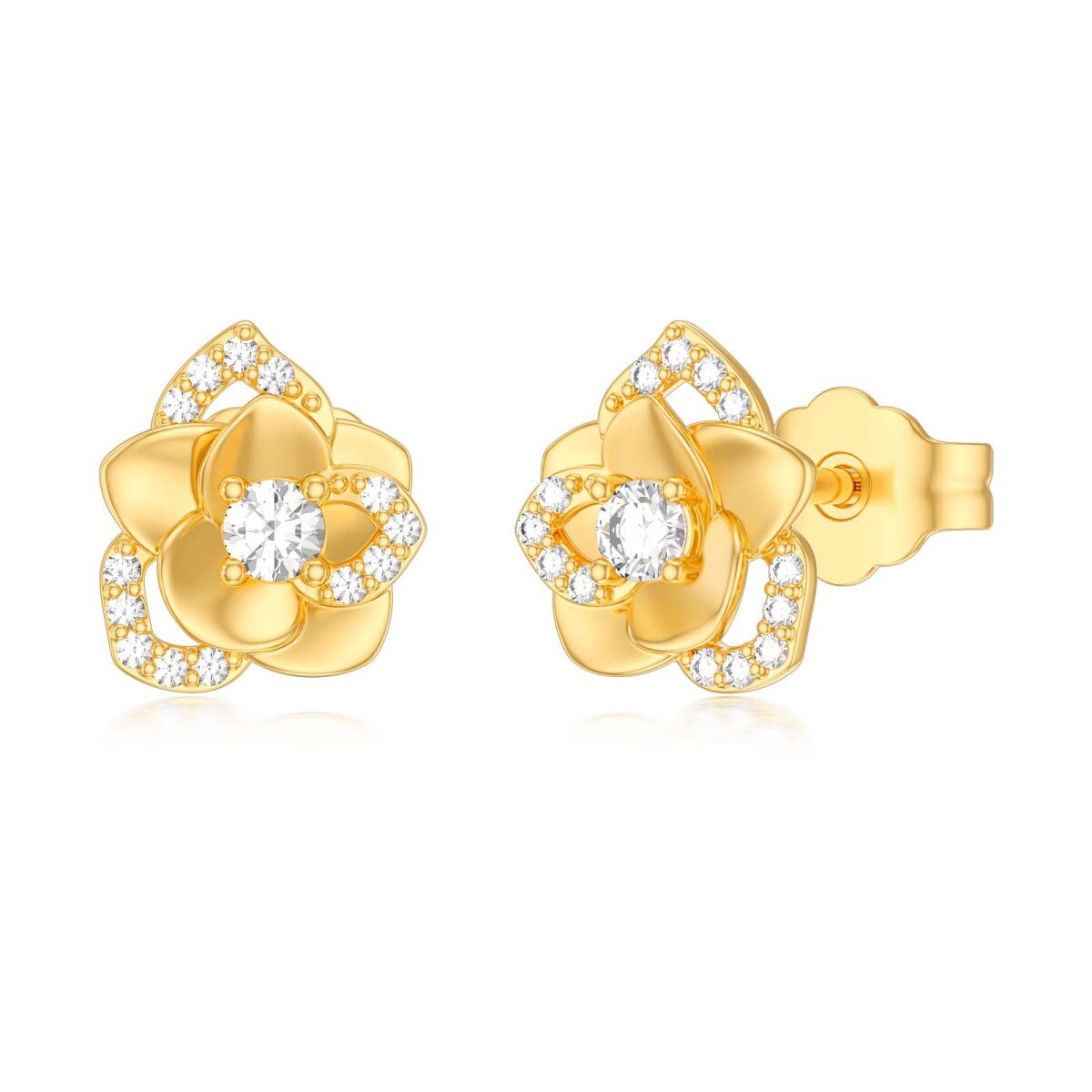 14K Gold Cubic Zirconia Rose Stud Earrings For Women-1