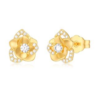 10K Gold Cubic Zirconia Rose Stud Earrings For Women-4