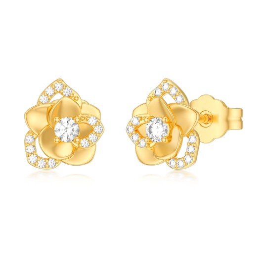 10K Gold Cubic Zirconia Rose Stud Earrings For Women