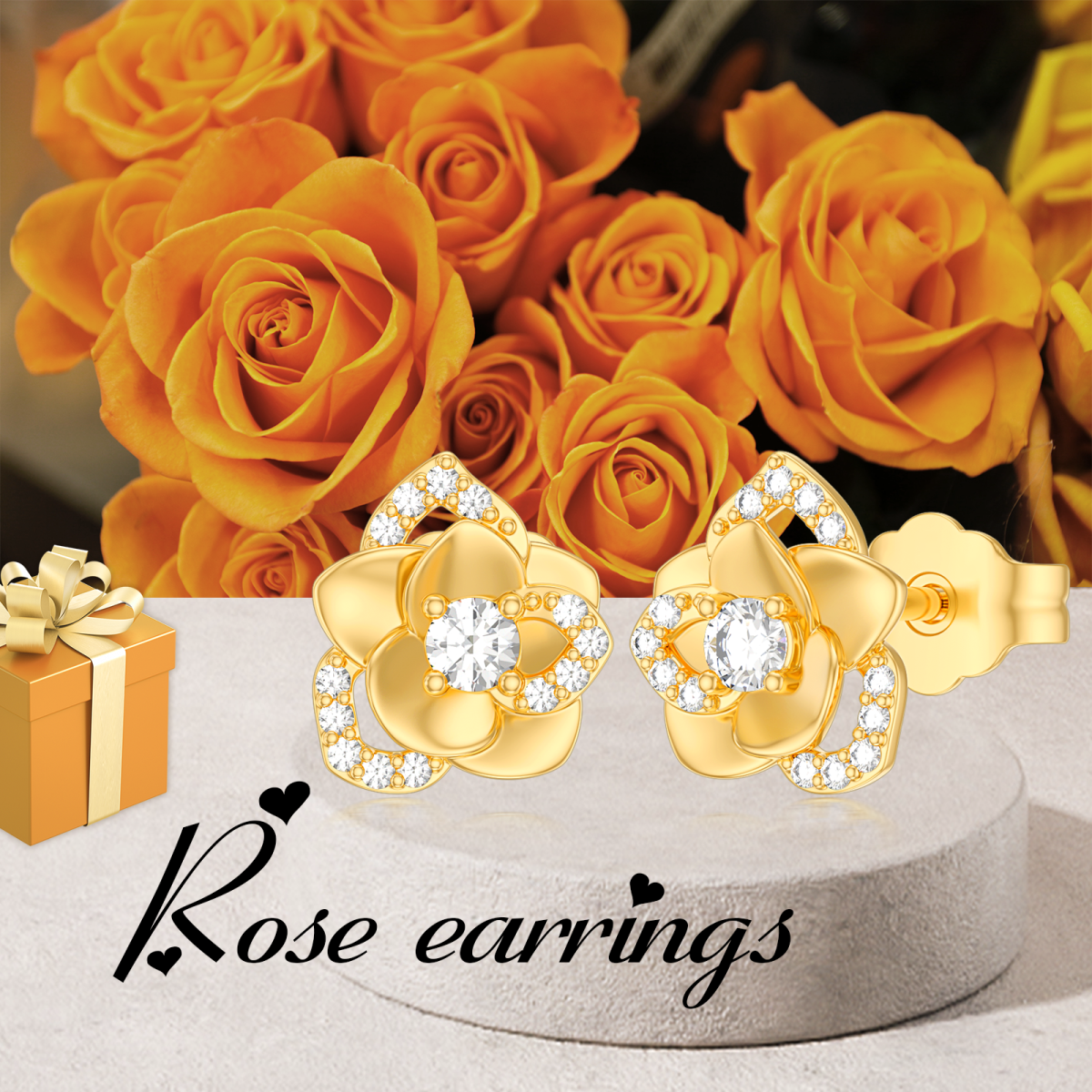 14K Gold Cubic Zirconia Rose Stud Earrings For Women-3