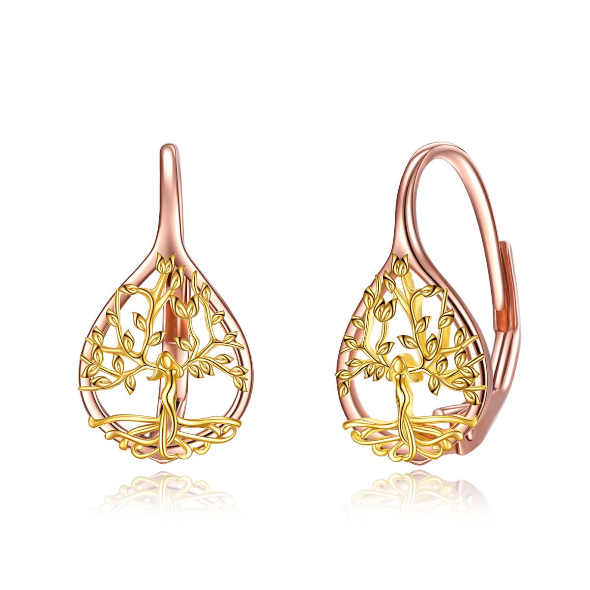 Pendientes de oro rosa y oro de 14 quilates con forma de árbol de la vida-1