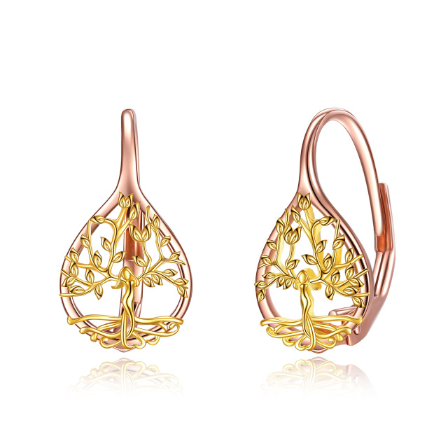 Orecchini a leva con albero della vita in oro 14K e oro rosa