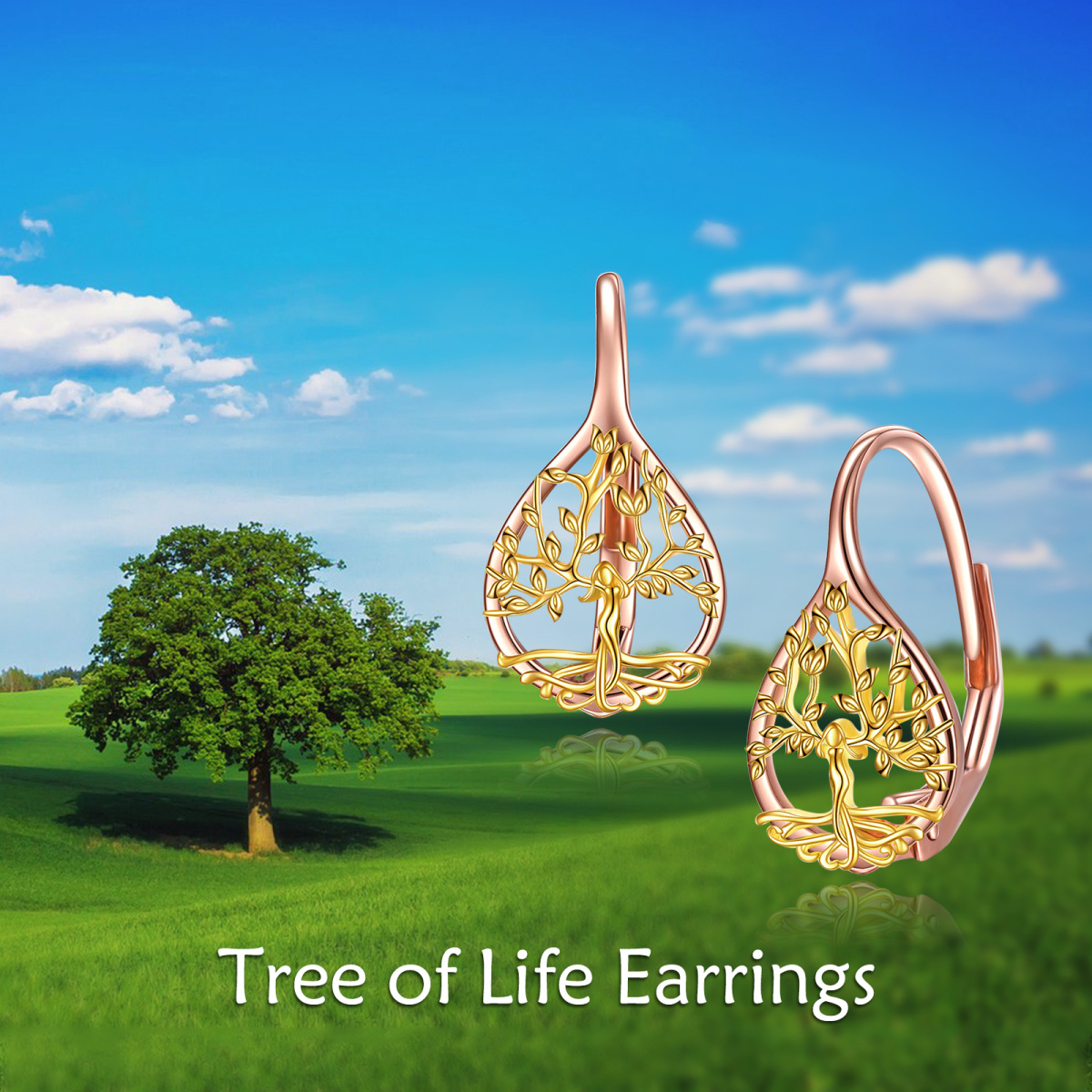 Pendientes de oro rosa y oro de 14 quilates con forma de árbol de la vida-6