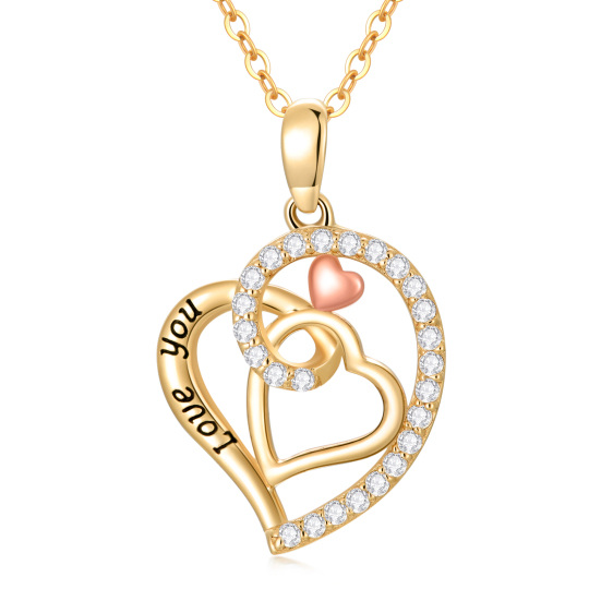 14K Gold Two-Tone Zircon Heart With Heart Pendant Necklace With Engraved Word For Women