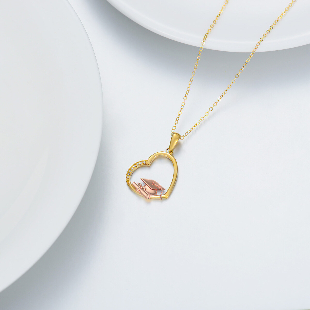 10K Gold & Rose Gold Zircon Heart & Trencher Cap Pendant Necklace For Women Best Friends-3