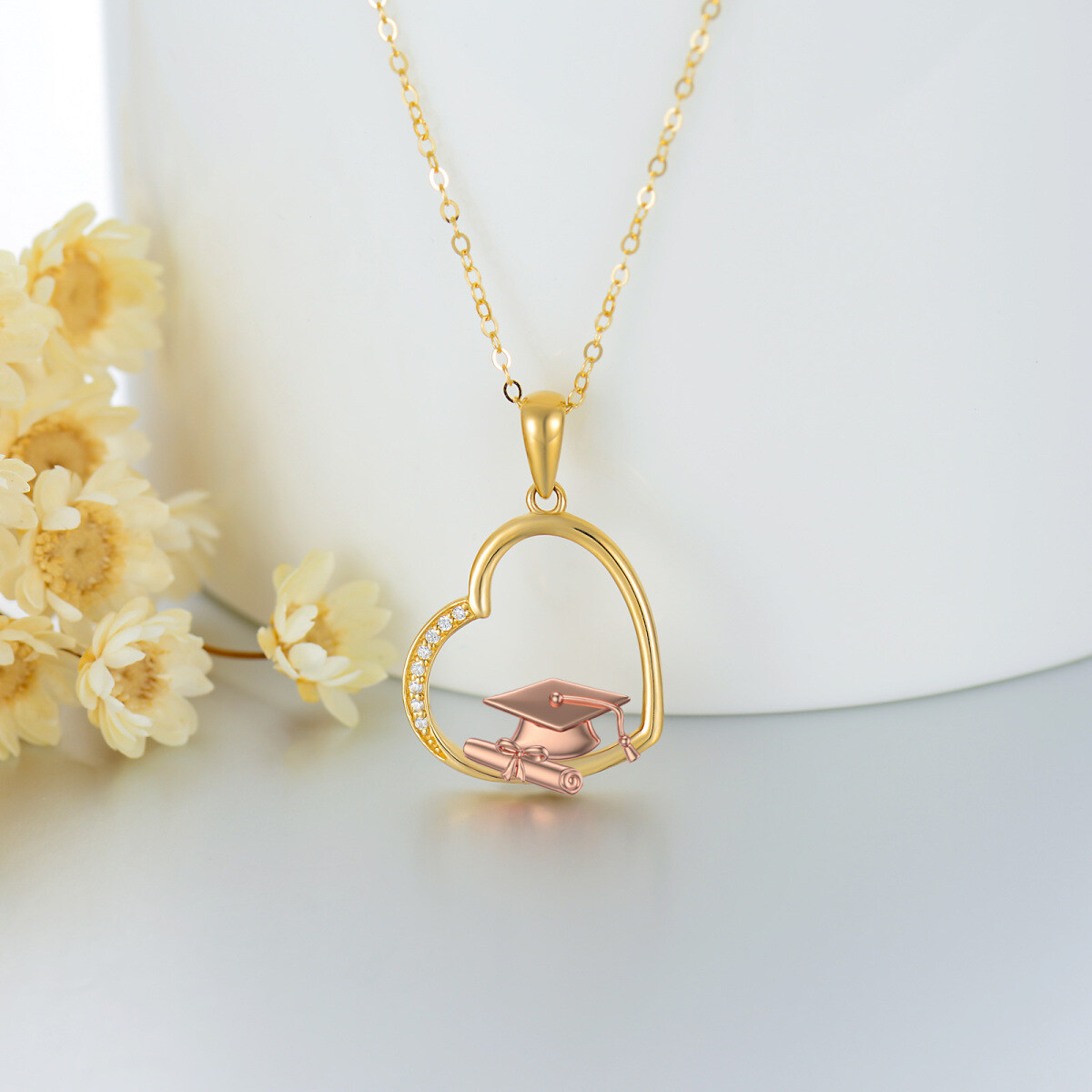 10K Gold & Rose Gold Zircon Heart & Trencher Cap Pendant Necklace For Women Best Friends-4