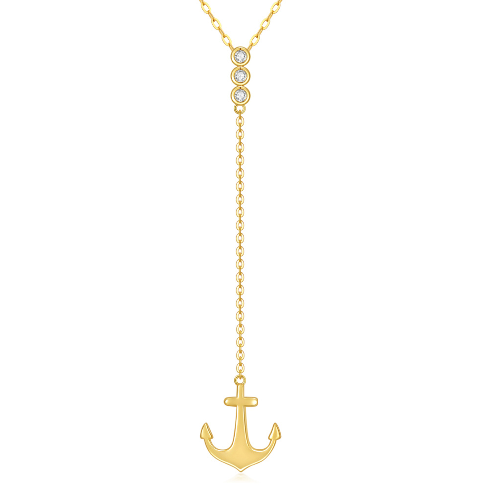 10K Gold Round Cut Cubic Zirconia Anchor Non-adjustable Y-Necklace-1