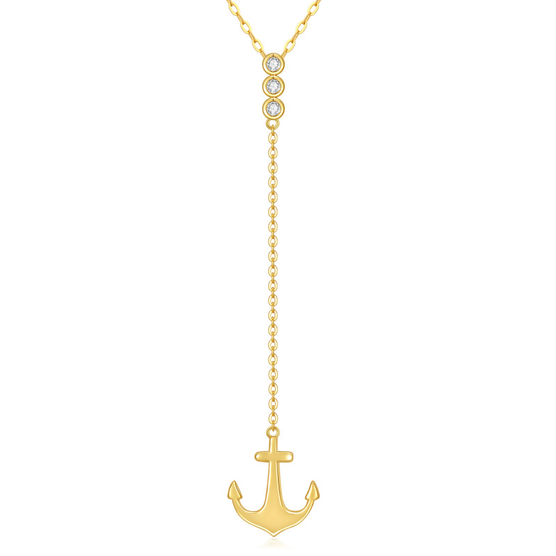 14K Gold Round Cubic Zirconia Anchor Adjustable Y Necklace