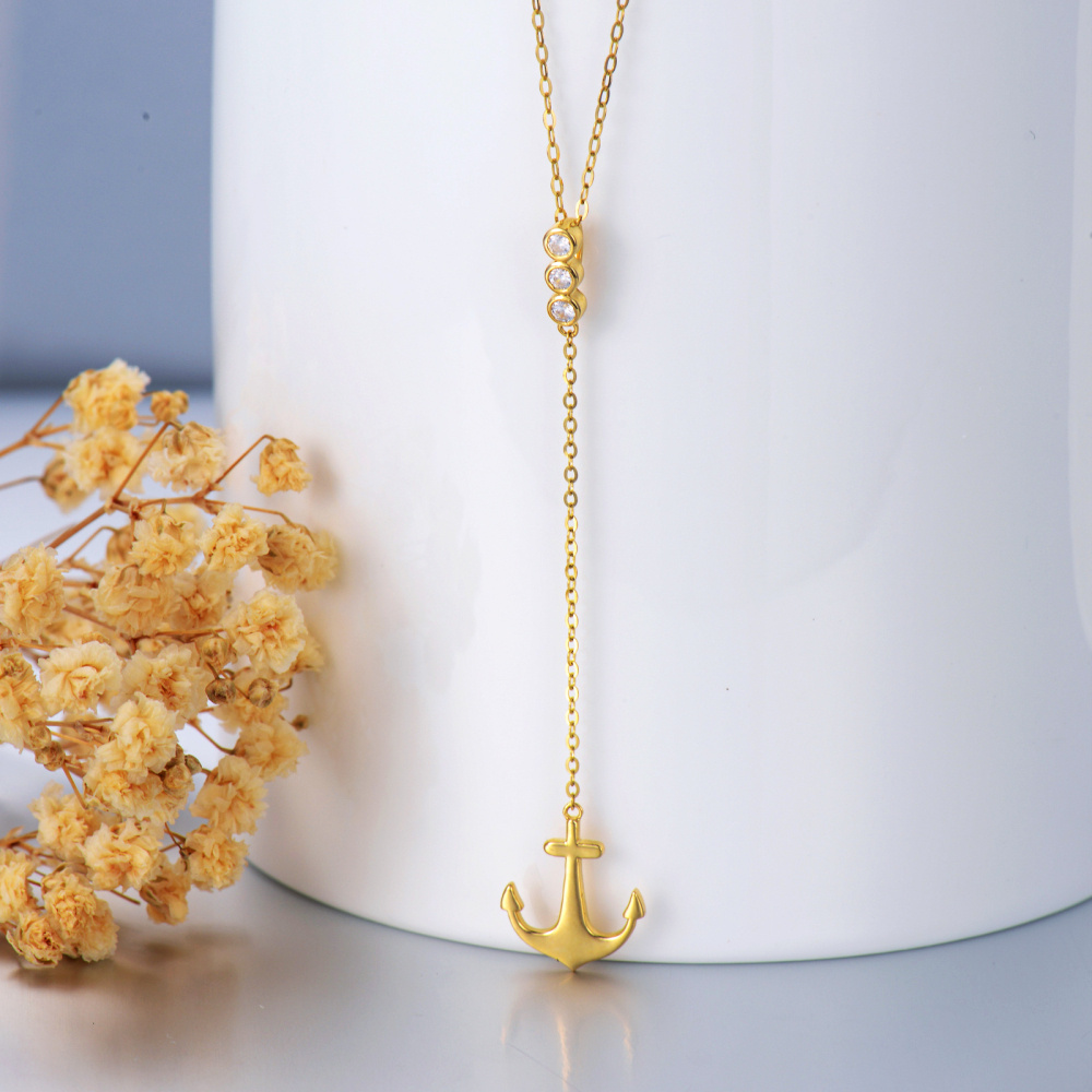 10K Gold Round Cut Cubic Zirconia Anchor Non-adjustable Y-Necklace-3