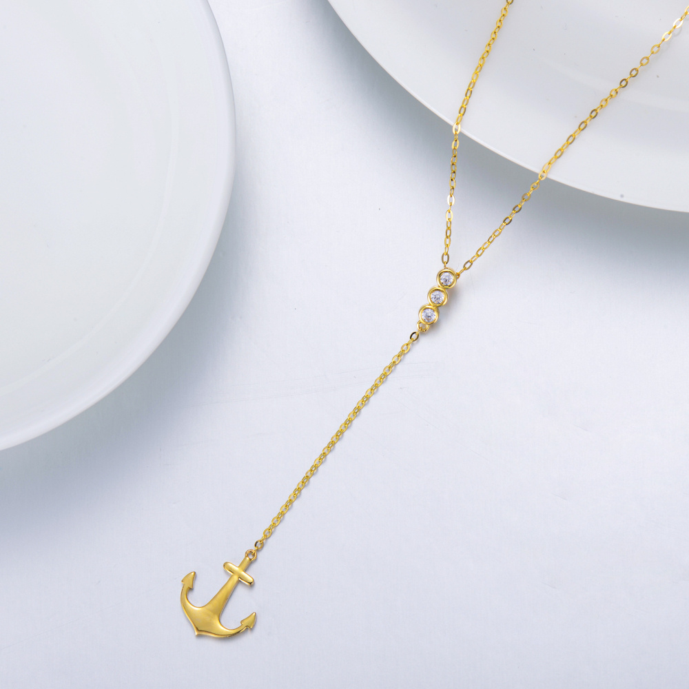 10K Gold Round Cut Cubic Zirconia Anchor Non-adjustable Y-Necklace-4
