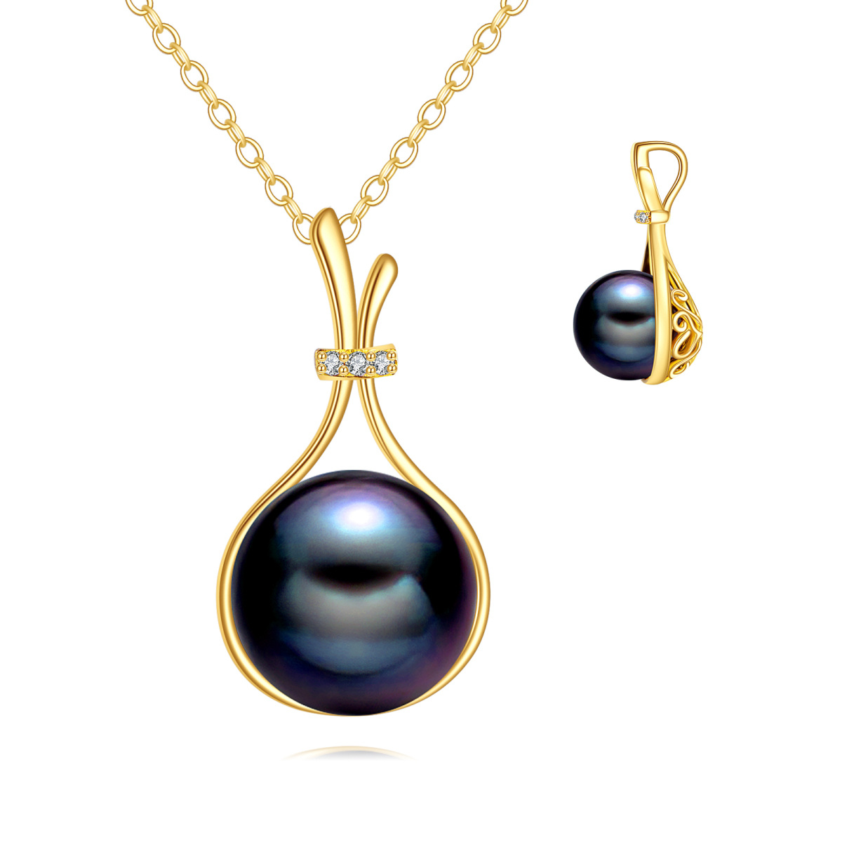 14K Gold Round Black Pearl Pendant Necklace-1