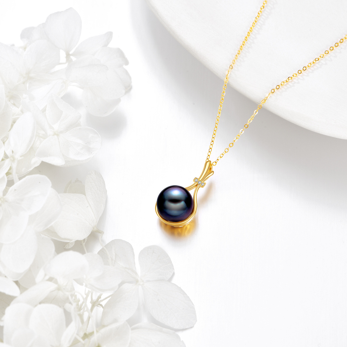 14K Gold Round Black Pearl Pendant Necklace-3