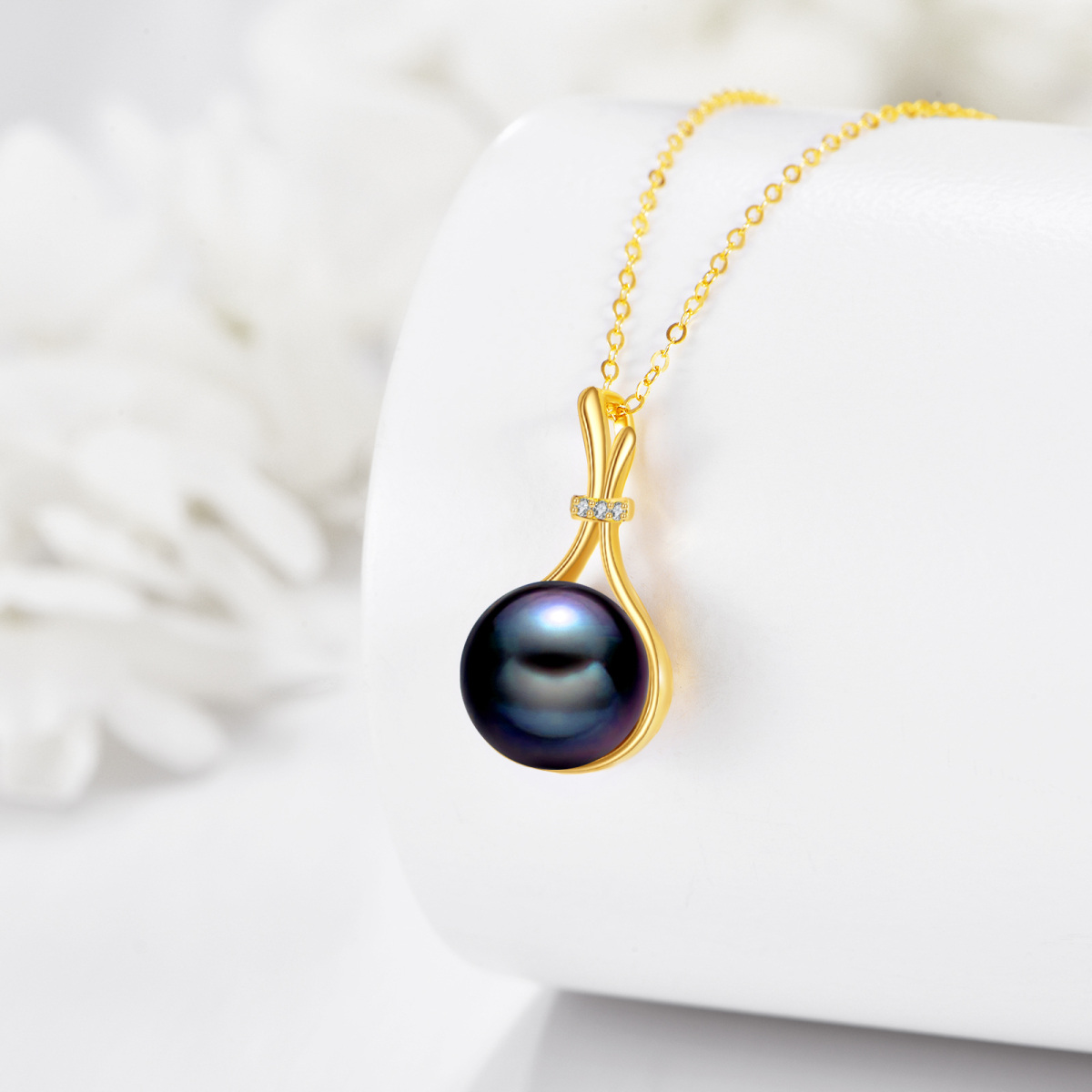 14K Gold Round Black Pearl Pendant Necklace-4