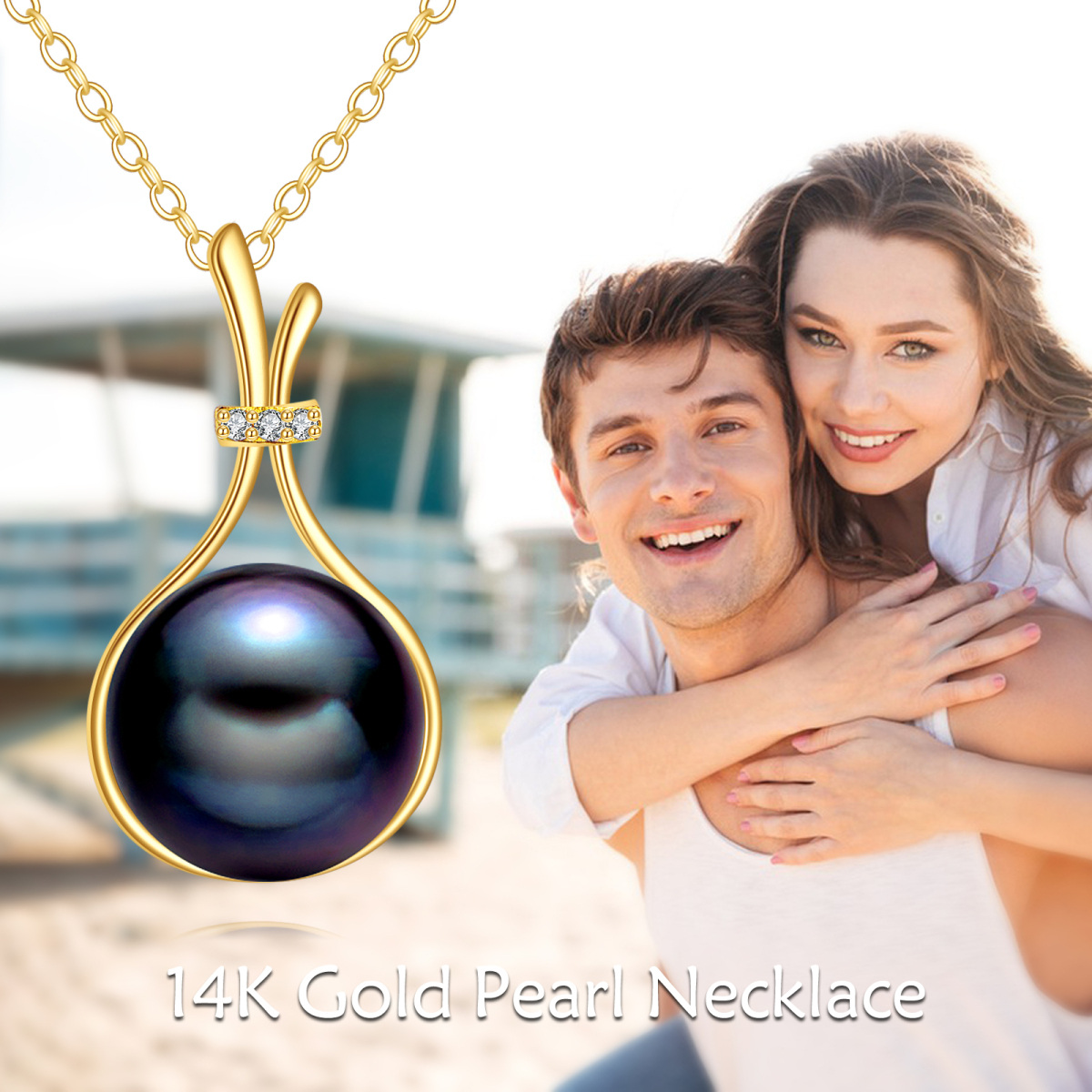 14K Gold Round Black Pearl Pendant Necklace-6