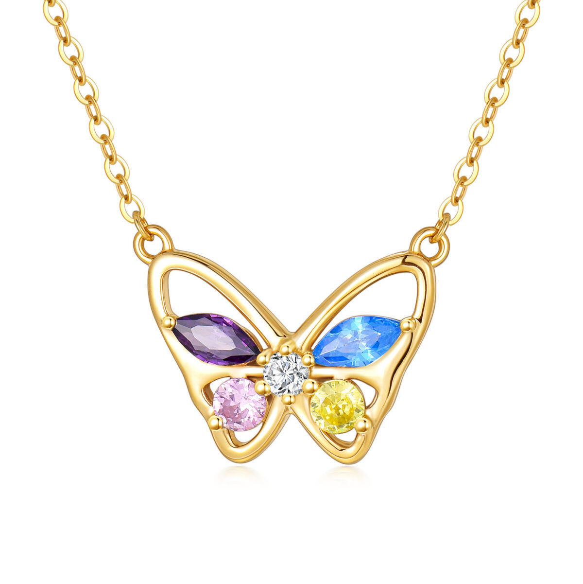 Collier papillon en or 14K avec pendentif en zircon cubique rond-1