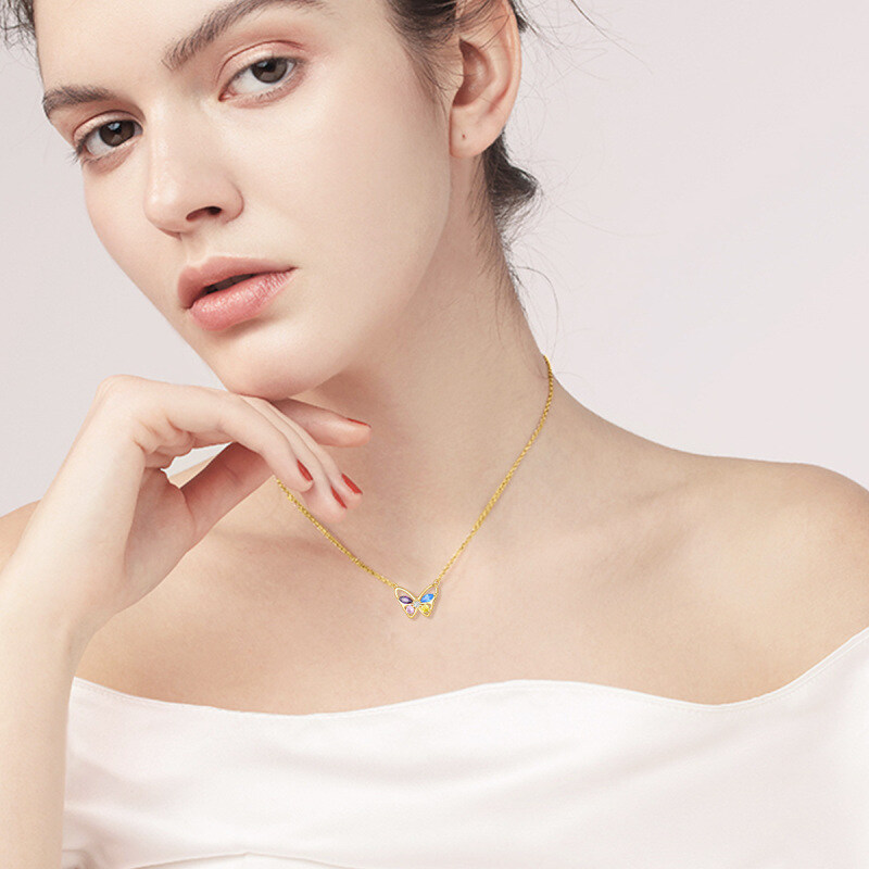 Collier pendentif papillon en or blanc 10 carats et zircon cubique taille ronde-3