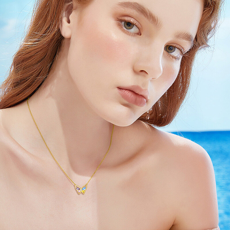 Collier pendentif papillon en or blanc 10 carats et zircon cubique taille ronde-4