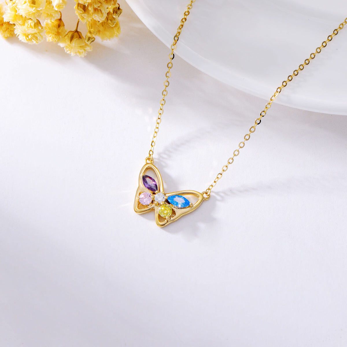 14K Gold Round Cubic Zirconia Butterfly Pendant Necklace-6