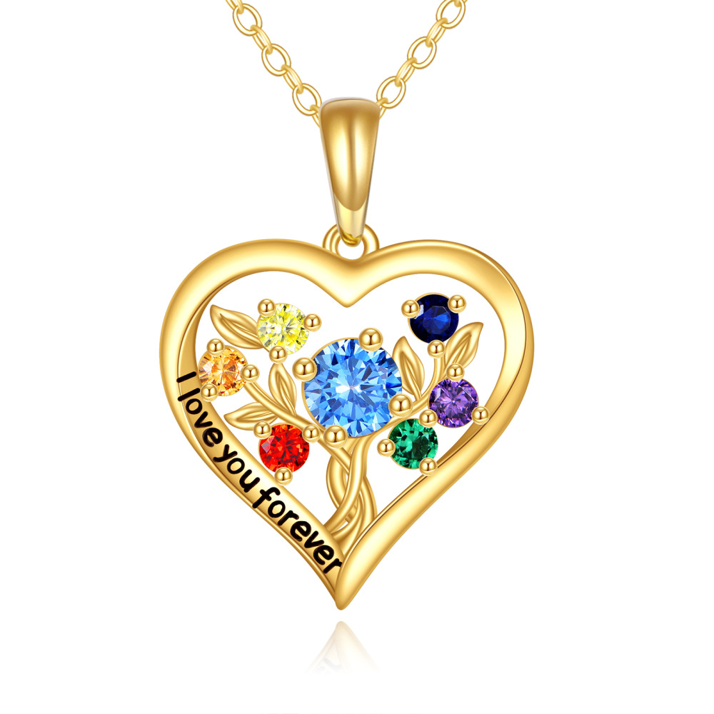 10K Gold Round Color Cubic Zirconia Tree Of Life & Heart Pendant Necklace-1