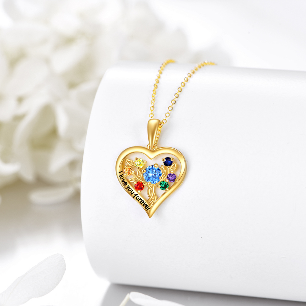10K Gold Round Color Cubic Zirconia Tree Of Life & Heart Pendant Necklace-4