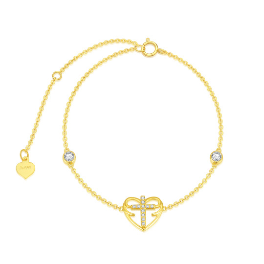 Bracelet en or 14K avec pendentif croix et coeur en zircon cubique rond