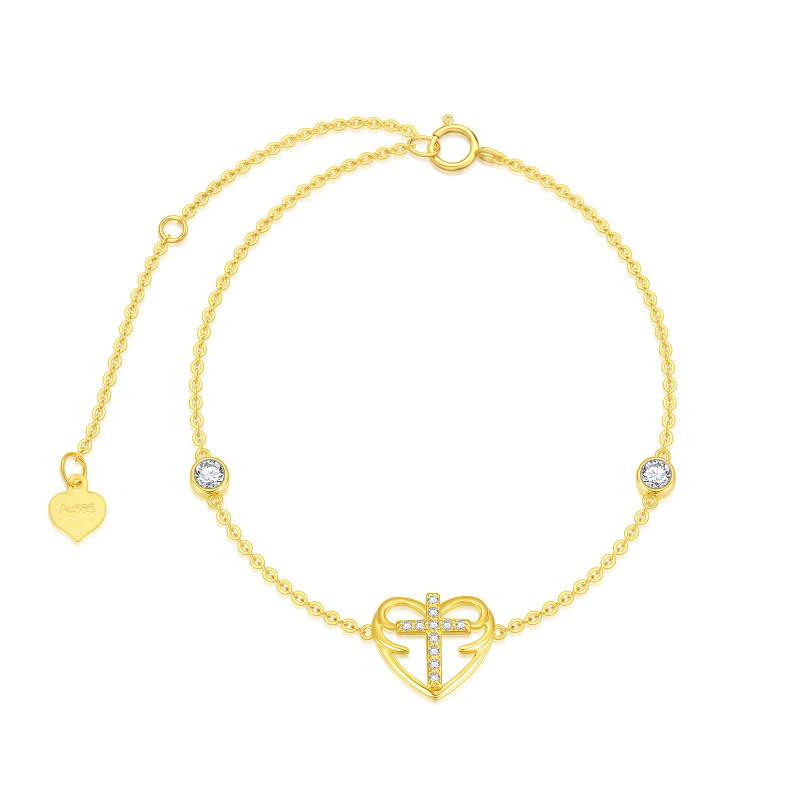 Bracelet en or 10K avec pendentif croix et coeur en zircon cubique rond-19