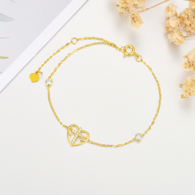 Pulseira com pingente de cruz e coração em zircônia cúbica redonda em ouro 10K-3