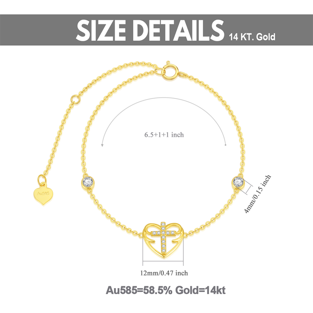 Pulsera de oro de 14 quilates con colgante redondo de circonita cúbica en forma de cruz y-4