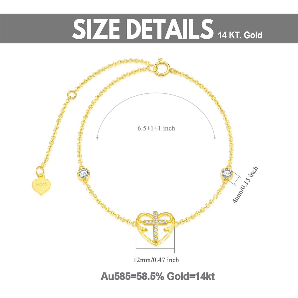 14K Gold Runde Cubic Zirkonia Kreuz & Herz-Anhänger Armband-4