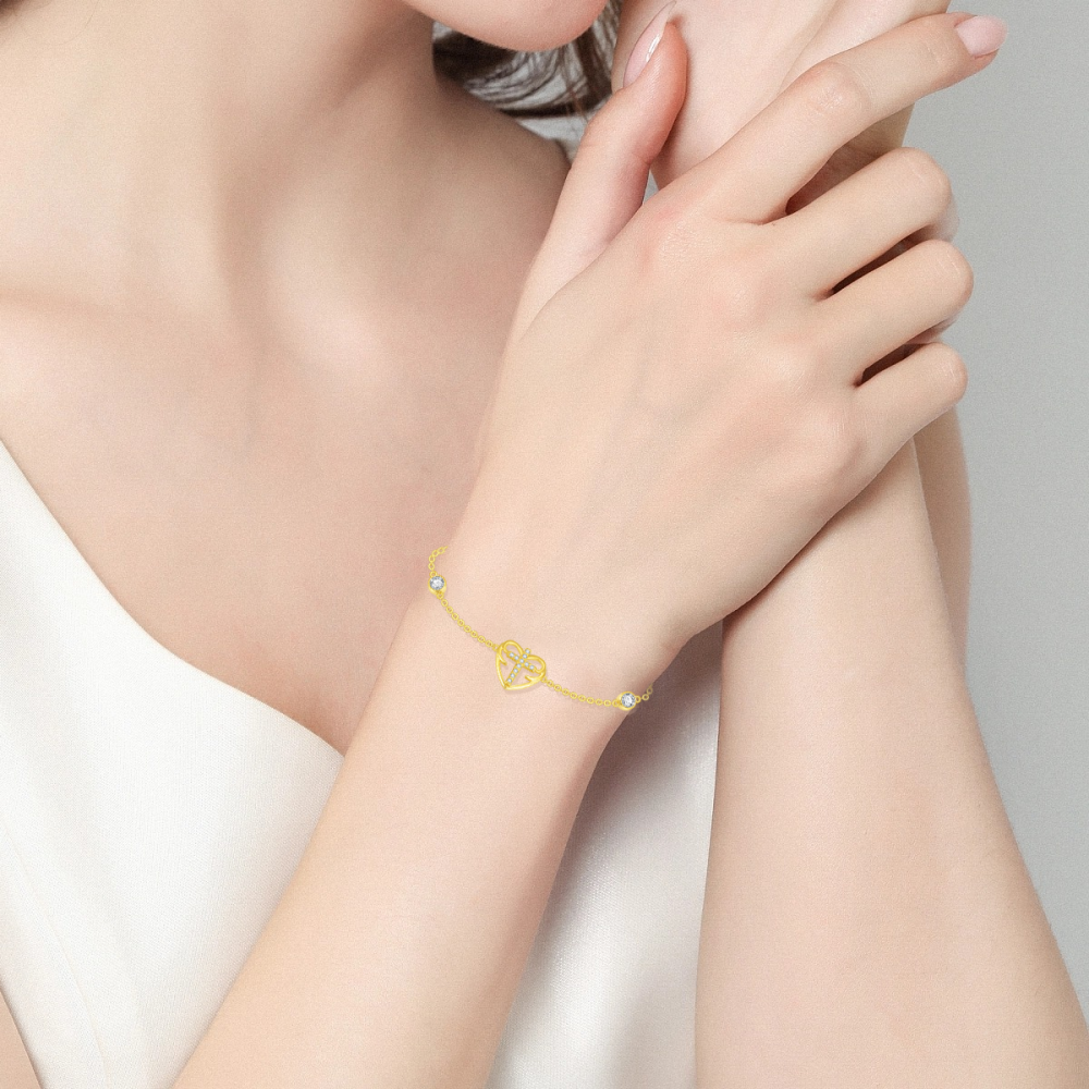 Pulsera de oro de 14 quilates con colgante redondo de circonita cúbica en forma de cruz y-5