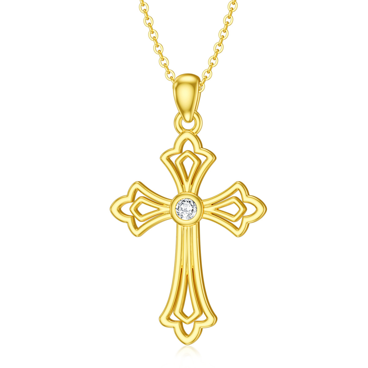 Collier croix en or 14K à zirconium cubique rond -1