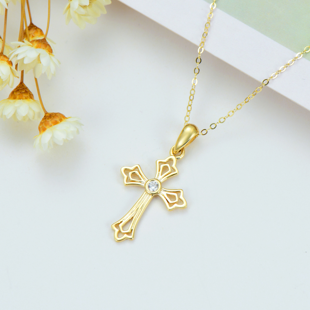 Collier croix en or 14K à zirconium cubique rond -5