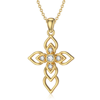 10K Gold Round Cubic Zirconia Cross Pendant Necklace-26