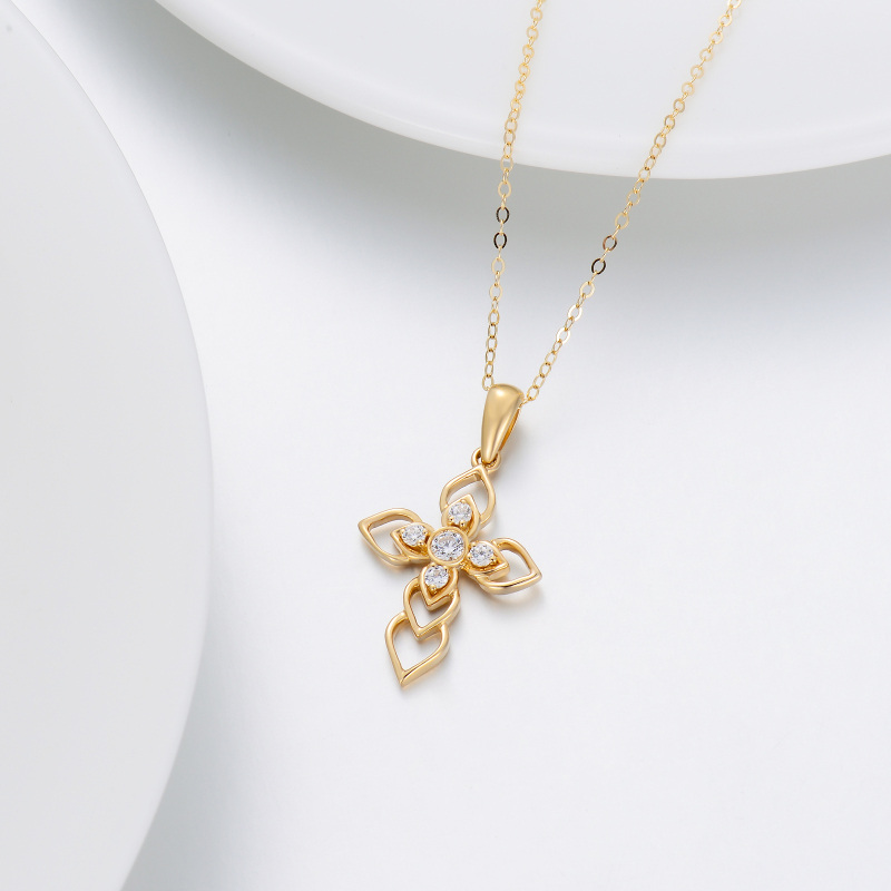 10K Gold Round Cubic Zirconia Cross Pendant Necklace-3