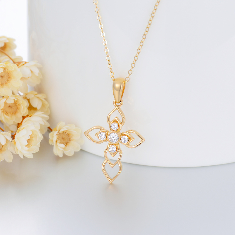 10K Gold Round Cubic Zirconia Cross Pendant Necklace-4