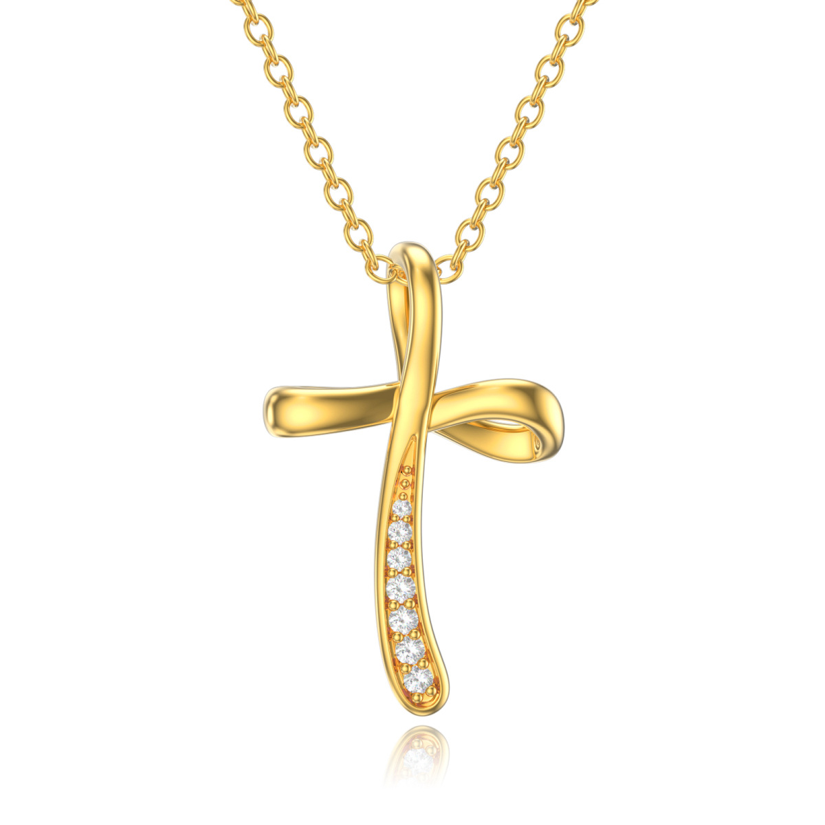 14K Gold Round Cubic Zirconia Cross Pendant Necklace-1