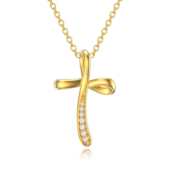 14K Gold Round Cubic Zirconia Cross Pendant Necklace