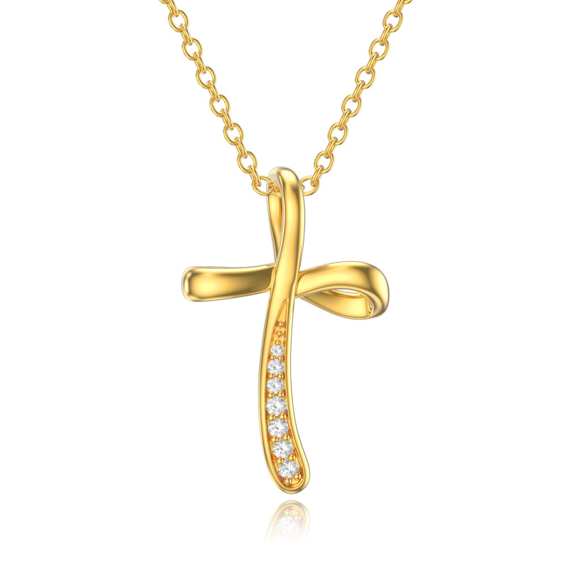 10K Gold Round Cubic Zirconia Cross Pendant Necklace-11