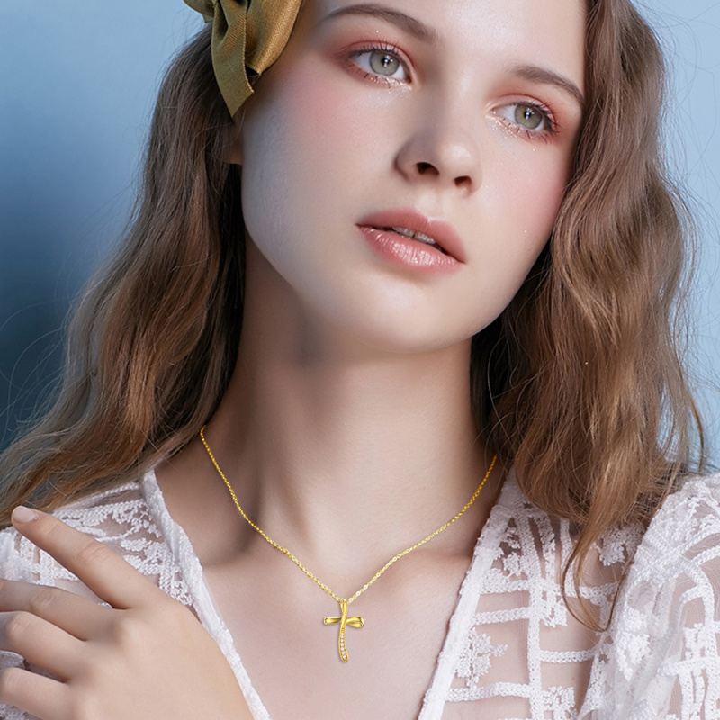 10K Gold Round Cubic Zirconia Cross Pendant Necklace-2